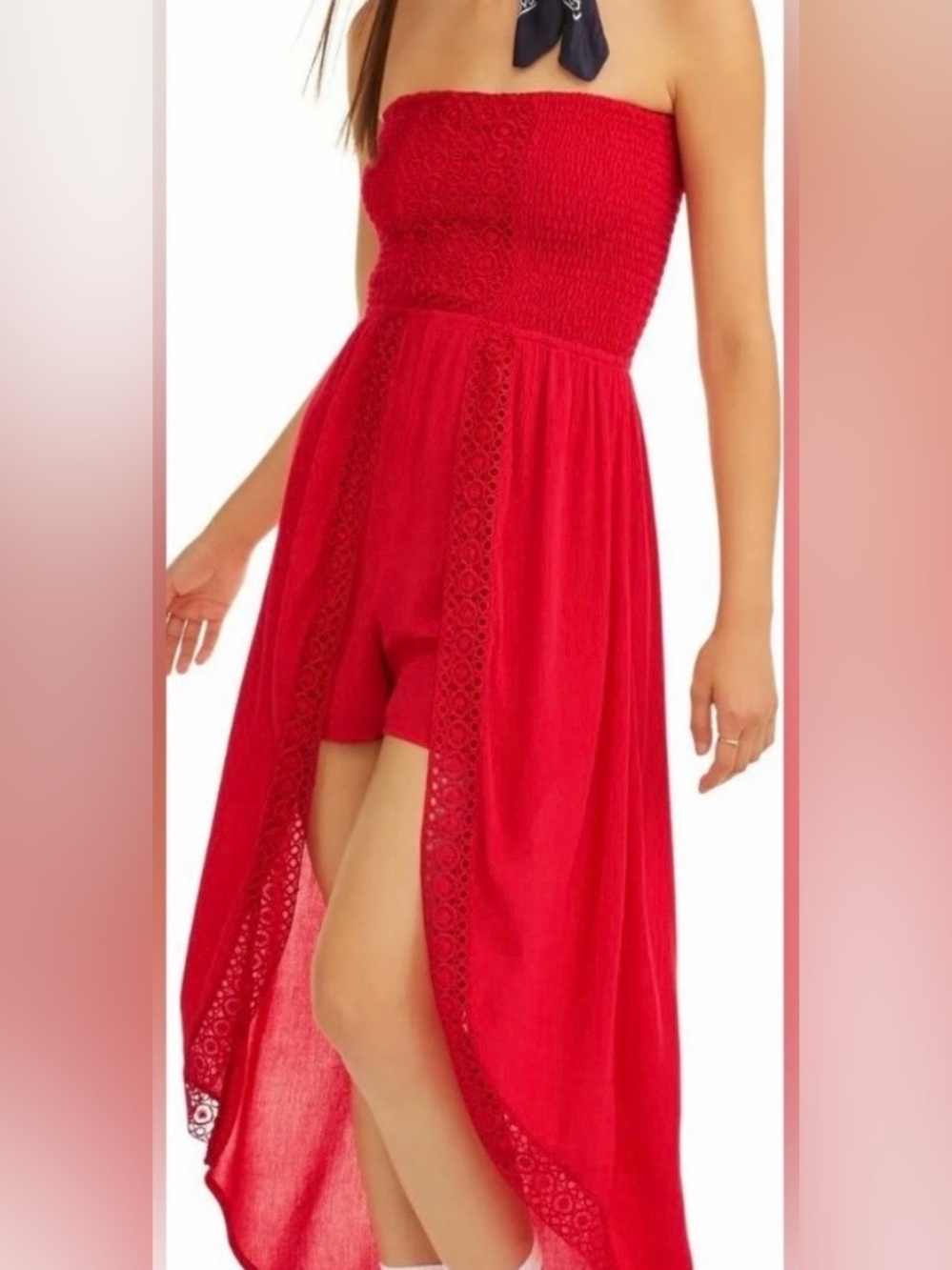NWOT No Boundaries Red Strapless Crochet-Trim One-Piece Romper Dress